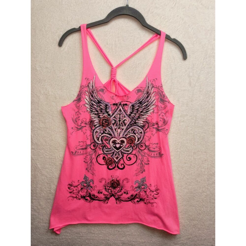 Y2K Hot Pink Graphic Tank Top Winged Heart Fleur De Lis T Back Cyber Grunge Sz S